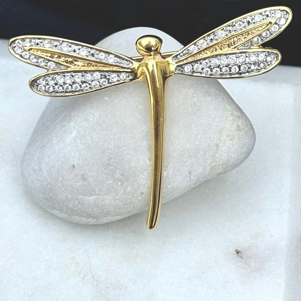 Vintage Gold Tone Rhinestone Dragonfly Brooch Pin
